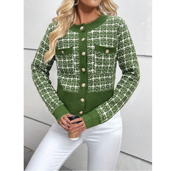 Green Plaid Button Up Cardigan Knit Long Sleeve  Stretchy Buttons - Picture 4 of 8
